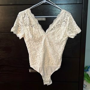White Lace/Sheer V-Neck bodysuit (L)